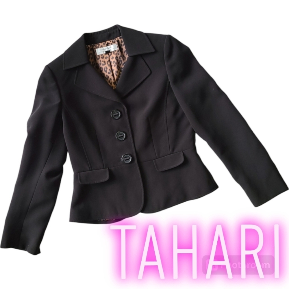 Tahari Arthur S. Levine Black Blazer Jacket Size 8 Leopard‎ Print Lining